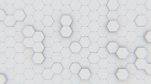 The bokeh effect of light scattering on the surface of a moving hexagonal grid. Seamless loop.