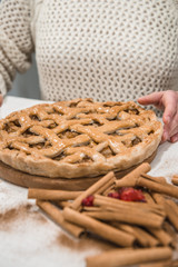 Homemade apple pie. Backed sweets organic dessert. Ready to eat fruit tart top view. Copy space for your text.
