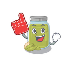 A picture of pumpkin seed butter mascot cartoon design holding a Foam finger