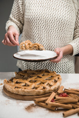 Homemade apple pie. Backed sweets organic dessert. Ready to eat fruit tart top view. Copy space for your text.