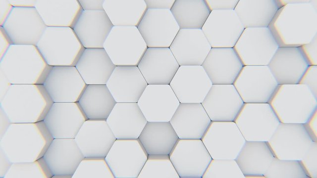The camera moves forward and moves away from a large mobile polygonal mesh with light refraction. Seamless loop.