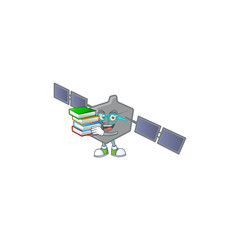 A brainy clever cartoon character of satellite network studying with some books