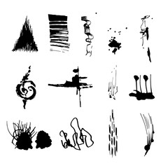 Set of differently shaped spots. Ink and watercolor. Manual graphics. Individual design. Vector set of blots. Splatter collection. Grunge design element. Art backdrop. Manually traced illustration.