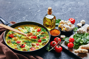 Low-fat mushroom curry on the frying pan, close-up