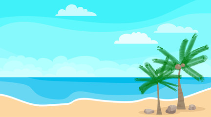 Fototapeta na wymiar Seascape. Sea, clouds, beach and palm trees. Sea landscape with palm trees and blue sea. Vector, cartoon illustration.