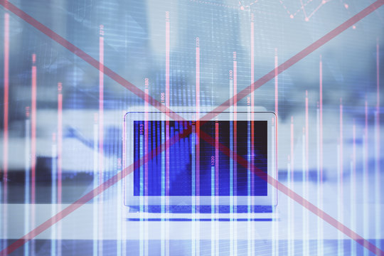 Forex graph hologram on table with computer background. Multi exposure. Concept of financial markets.