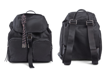 Naklejka premium Set of two angles of a modern designer backpack made of black textile, isolated on a white background.