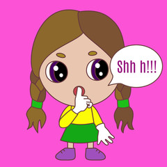 emoticon with character shushing shh h to politely tell people to shut up and be quiet to keep silence, girl chibi using finger on mouth gesture to stop talking, simple hand drawn emoji