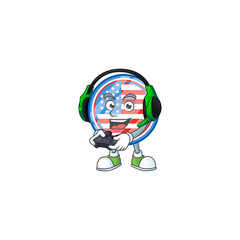 Circle badges USA cartoon picture play a game with headphone and controller