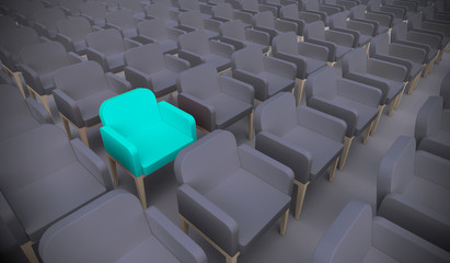 Concept or conceptual blue armchair standing out in a  conference room as a metaphor for leadership, vision and strategy. A  3d illustration of individuality, creativity and achievement