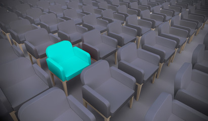 Fototapeta premium Concept or conceptual blue armchair standing out in a conference room as a metaphor for leadership, vision and strategy. A 3d illustration of individuality, creativity and achievement