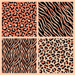 Set of realistic detailed animalistic seamless patterns. Exotic animal backgrounds. Leopard, tiger, jaguar prints.	