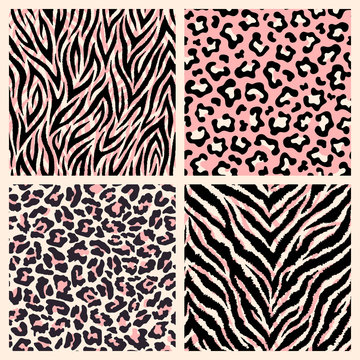 Set of realistic detailed animalistic seamless patterns. Exotic animal backgrounds. Leopard, tiger, zebra, jaguar prints.	