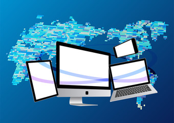 世界とつながるノートパソコンとスマホとタブレット-青い世界地図