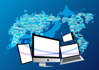 世界とつながる日本-ノートパソコンとスマホとタブレット-青背景