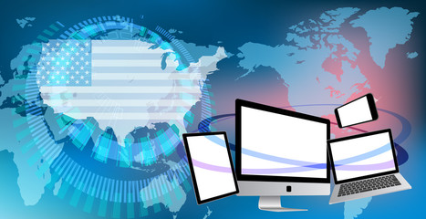 アメリカを主軸としたデジタル世界-ノートパソコンとスマホとタブレット-青色背景