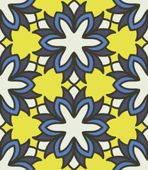 Seamless pattern morrocan ornament. Floral textile print. Islamic vector design. Oriental background with abstract flowers. Hexagonal trefoil swatch. Stained glass vitrage.