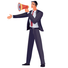 businessman dressed in a business blue suit and holding a shout in his hands and shouting through it, isolated object on a white background,
