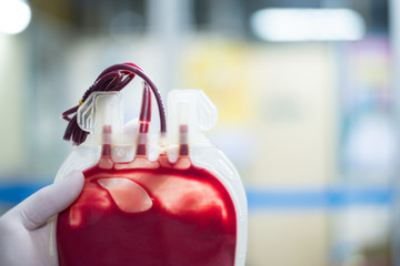 Close up red blood bag in laboratory.