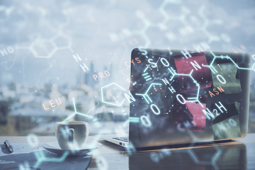 Desktop computer background and formula hologram writing. Double exposure. Education concept.