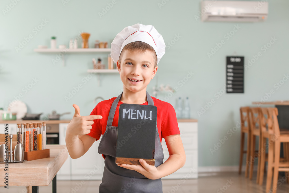 Sticker Cute little chef with menu in kitchen