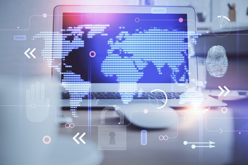 Multi exposure of table with computer and world map hologram. International data network concept.
