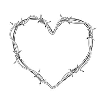 Realistic glossy barbed wire in heart shape on white