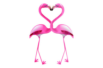 Two pink flamingos statues on isolated white backgrounds