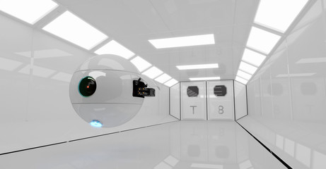 3d rendering scene with secre sci fi robot at t space ship interior