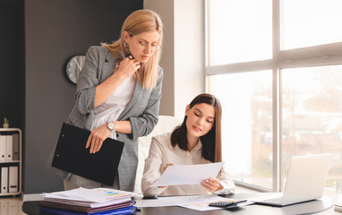 Young female accountant with colleague working in office