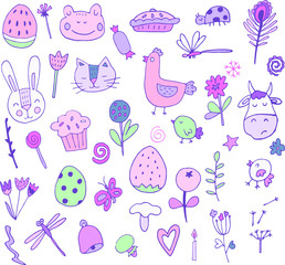 Super cute vector isolated on white set of character bunch of , elements for easter design. Hand drawn doodle icons of rabbit, hen, chic, pastry, flowers for season spring