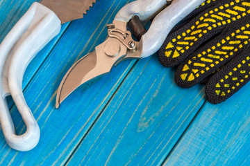 Set of tools for gardeners and gloves on blue wooden boards is prepared before pruning the garden...