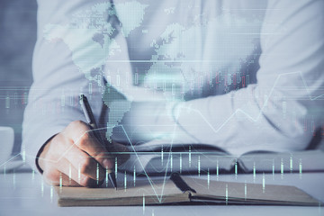 Fototapeta premium Financial trading chart multi exposure with man desktop background.