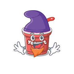 cartoon mascot of funny yogurt dressed as an Elf