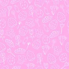 Super cute hand drawn easter elements seamless pattern. Endless texture with doodle spring characters. Rabbit, bunny, hen, egg, bugs, flowers, cows. Wallpaper