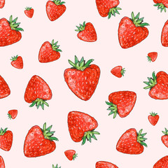 Bright watercolor raster pattern with strawberries on a soft pink background