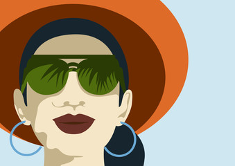 Portrait of young beautiful woman with modern green sunglasses wearing big orange hat for sun protection, vacation traveling concept