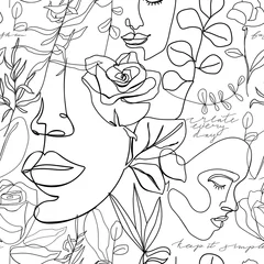 Fotobehang Lijnkunst Eigentijds naadloos patroon. Eén regel continu vrouwengezicht, bloemen, bladeren en kalligrafiezin. Textuur voor textiel, verpakking, inpakpapier, social media post enz. Vectorillustratie.