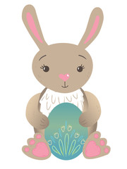 Easter rabbit with blue egg. Greeting card design.