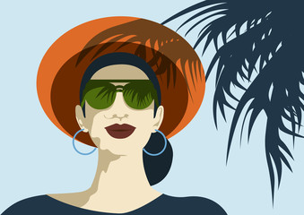 Portrait of young beautiful woman with modern green sunglasses wearing big orange hat for sun protection, vacation traveling concept