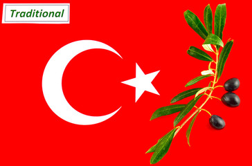Olive branch with olives onto Turkish flag