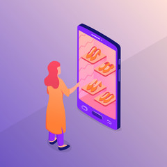 mobile shopping concept with woman choose shoes online with modern style color