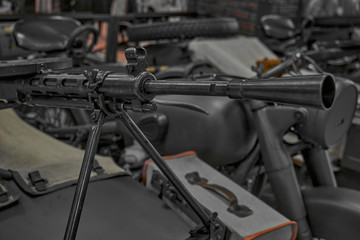 The German machine gun of the Second World War. A gun on a motorcycle. The weapons of the Reich soldiers.