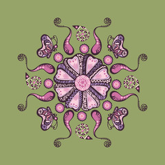 pattern with deco flowers and butterfly for a fabric or surface, tile, ornamental motif with decorative elements