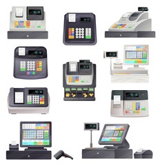 Cash register machine terminal, scanner and checkout counter. Vector retail point and pos terminal sale equipment. Cashiers of store with money boxes, receipt printers, displays and barcode readers