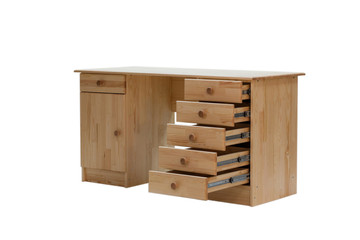 Classic desk with an open drawers, side view, isolated on a white background.