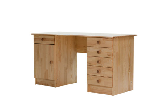 Classic Desk With Drawers, Side View, Isolated On A White Background.