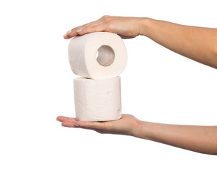 Close-up of a woman hand using toilet paper isolated on a white background