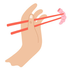 Chopsticks in hand with sashimi shrimp seafood, asian cuisine, fresh raw sea food, person holding chopsticks and eating with sticks, isolated vector hand drawn flat illustraction, cartoon art