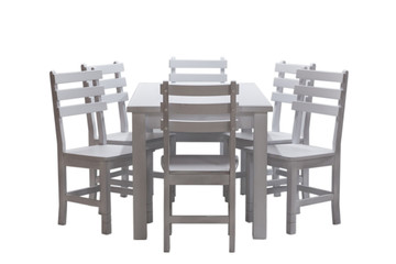 White table and six chairs for kitchen, isolated on white background, front view. Classical furniture made of natural wood.